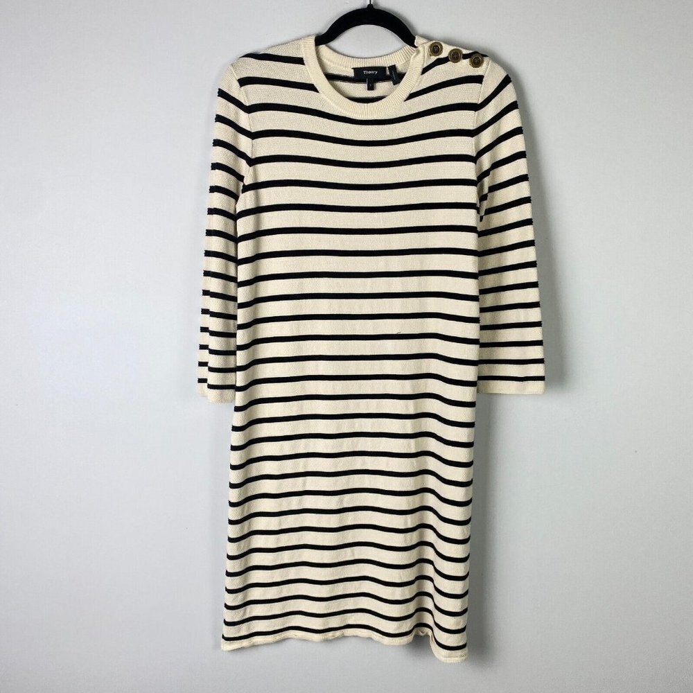 Theory Cream and Black Striped Long Sleeve Dress